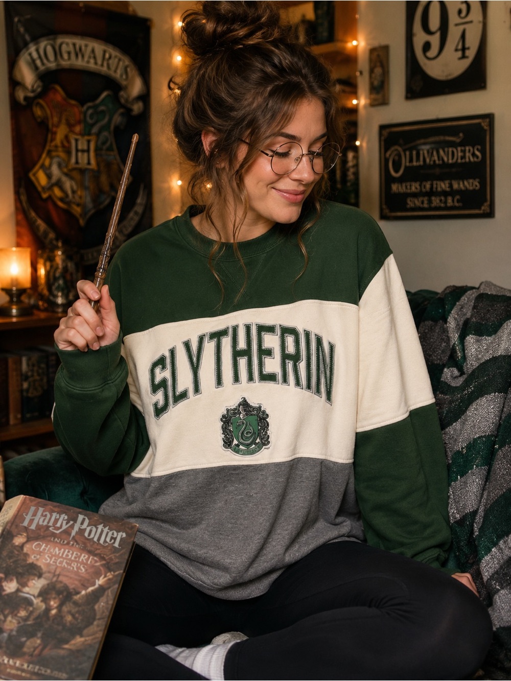 Harry Potter Slytherin Colorblock Crewneck Sweatshirt Green Gray Cream XL